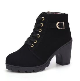 Fashoin Leopard Print Ankle Square Heel Suede Lace-up Zip Boots Women Casual Versatile Shoes Autumn And Winter (Option: Black-35)