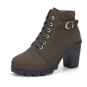 Fashoin Leopard Print Ankle Square Heel Suede Lace-up Zip Boots Women Casual Versatile Shoes Autumn And Winter (Option: Army Green-37)