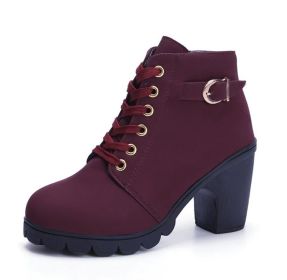 Fashoin Leopard Print Ankle Square Heel Suede Lace-up Zip Boots Women Casual Versatile Shoes Autumn And Winter (Option: Wine Red-36)