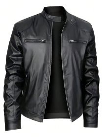 Men's Stand-up Collar Leather Jacket Business Casual Jacket (Option: Black-M)