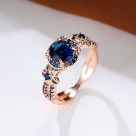 Retro Simple September Birthstone Sapphire Blue Round Zircon Finger Ring Gift For Women Girls 18K Gold Plated Jewelry (size: 7)