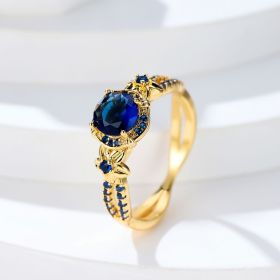 Retro Simple September Birthstone Sapphire Blue Round Zircon Finger Ring Gift For Women Girls 18K Gold Plated Jewelry (size: Gold 8)
