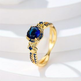 Retro Simple September Birthstone Sapphire Blue Round Zircon Finger Ring Gift For Women Girls 18K Gold Plated Jewelry (size: Gold 7)