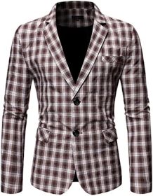 Men's Plaid Suit Jacket Casual One Button Regular Fit Blazer Classic Plaid Sport Coat Stylish Dress Coat (Color: Brown, size: M)