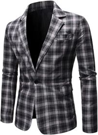 Men's Plaid Suit Jacket Casual One Button Regular Fit Blazer Classic Plaid Sport Coat Stylish Dress Coat (Color: black1, size: S)