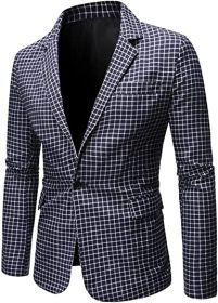 Men's Plaid Suit Jacket Casual One Button Regular Fit Blazer Classic Plaid Sport Coat Stylish Dress Coat (Color: black2, size: L)