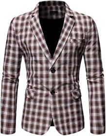 Men's Plaid Suit Jacket Casual One Button Regular Fit Blazer Classic Plaid Sport Coat Stylish Dress Coat (Color: Brown, size: L)