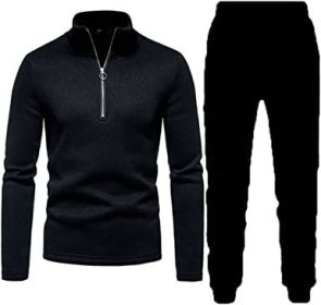 Men's Casual Two-Pieces Suits Zipper Placket Stand Collar Coats Solid Color Jackets + Pants Sets Sportswears (Color: BLACK-M)