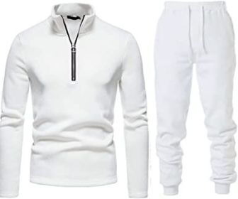 Men's Casual Two-Pieces Suits Zipper Placket Stand Collar Coats Solid Color Jackets + Pants Sets Sportswears (Color: WHITE-XXL)