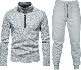 Men's Casual Two-Pieces Suits Zipper Placket Stand Collar Coats Solid Color Jackets + Pants Sets Sportswears (Color: LIGHT GRAY-XL)