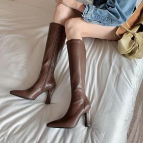 Women Boots Square Heel Patent Leather Pointed Toe Knee High Boots Winter Boot Side (Color: Beige, size: 35)