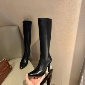 Women Boots Square Heel Patent Leather Pointed Toe Knee High Boots Winter Boot Side (Color: Black, size: 39)