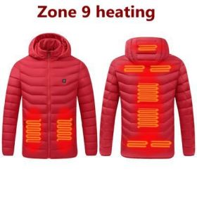Men 9 Areas Heated Jacket USB Winter Outdoor Electric Heating Jackets Warm Sprots Thermal Coat Clothing Heatable Cotton jacket (Color: 9 Areas heated Red, size: XL)