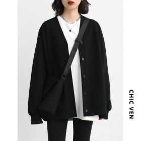 CHIC VEN Korean Autumn Winter Women&#39;s Sports Coat Casual Loose V-neck Sweatshirt for Women Thick Warm Tops Office Lady Female (Color: Black, size: M)