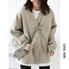 CHIC VEN Korean Autumn Winter Women&#39;s Sports Coat Casual Loose V-neck Sweatshirt for Women Thick Warm Tops Office Lady Female (Color: Mlik Tea Color, size: L)