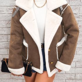 Lapel Plush Jacket, Winter Warm Casual Outwear, Women's Clothing (Color: Coffee, size: L(8/10))