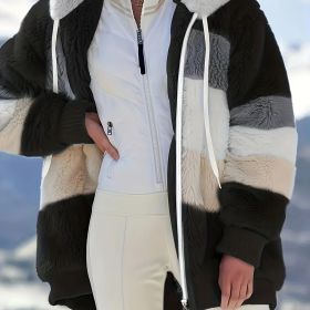 Color Block Fuzzy Hooded Coat, Casual Long Sleeve Winter Warm Outerwear, Women's Clothing (Color: Black, size: XXL(14))