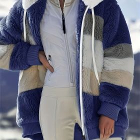 Color Block Fuzzy Hooded Coat, Casual Long Sleeve Winter Warm Outerwear, Women's Clothing (Color: Blue, size: L(8/10))