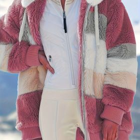 Color Block Fuzzy Hooded Coat, Casual Long Sleeve Winter Warm Outerwear, Women's Clothing (Color: Red, size: S(4))