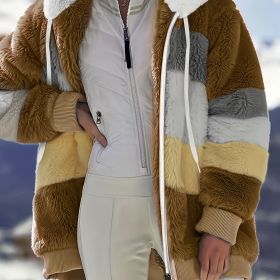 Color Block Fuzzy Hooded Coat, Casual Long Sleeve Winter Warm Outerwear, Women's Clothing (Color: Apricot, size: S(4))