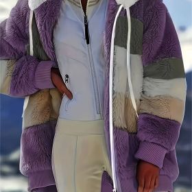 Color Block Fuzzy Hooded Coat, Casual Long Sleeve Winter Warm Outerwear, Women's Clothing (Color: Purple, size: XL(12))