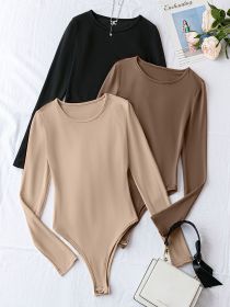 Solid Crew Neck Bodysuit 3 Pack, Casual Long Sleeve One-piece Bodysuit, Women's Clothing (Color: Multicolor, size: M(6))