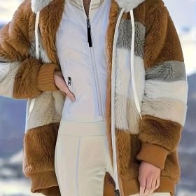 Color Block Fuzzy Hooded Coat, Casual Long Sleeve Winter Warm Outerwear, Women's Clothing (Color: khaki, size: M(6))