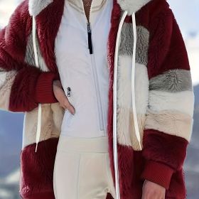 Color Block Fuzzy Hooded Coat, Casual Long Sleeve Winter Warm Outerwear, Women's Clothing (Color: Burgundy, size: XL(12))