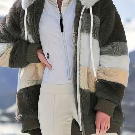 Color Block Fuzzy Hooded Coat, Casual Long Sleeve Winter Warm Outerwear, Women's Clothing (Color: Army Green, size: XL(12))