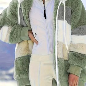 Color Block Fuzzy Hooded Coat, Casual Long Sleeve Winter Warm Outerwear, Women's Clothing (Color: Light Green, size: XXL(14))