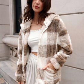 Plaid Hooded Teddy Coat, Elegant Zip Up Long Sleeve Winter Warm Outerwear, Women's Clothing (Color: Mixed Colors, size: XL(12))
