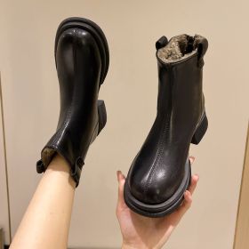 New autumn and winter plus cashmere black British style Martin ankle boots leather shoes warm fashion women's boots (Color: Black, size: 37)