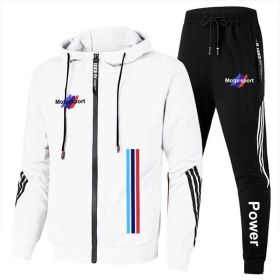 For Bmw Men's Casual Sports Suit Zipper Hooded Jacket + Pants Tracksuit Sweatshirt Casual Male Set (Color: White, size: 3XL)