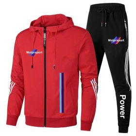 For Bmw Men's Casual Sports Suit Zipper Hooded Jacket + Pants Tracksuit Sweatshirt Casual Male Set (Color: Red, size: XL)