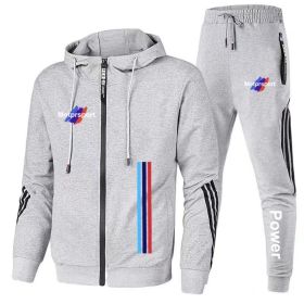 For Bmw Men's Casual Sports Suit Zipper Hooded Jacket + Pants Tracksuit Sweatshirt Casual Male Set (Color: Gray, size: 2XL)