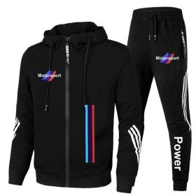 For Bmw Men's Casual Sports Suit Zipper Hooded Jacket + Pants Tracksuit Sweatshirt Casual Male Set (Color: Black, size: 2XL)