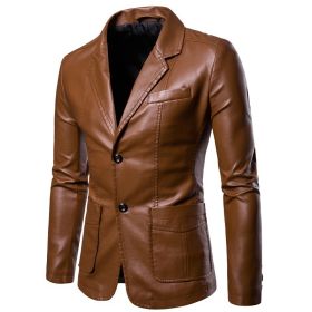 Leather Blazer For Men, PU Lambskin Casual Men's Leather Jacket Coats (Color: Brown, size: S)