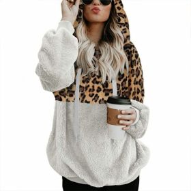 Leopard Zip Up Hoodie Woman Plush Long Sleeve Draw String Women Hooded Sweatshirts 2021 Autumn Winter Fashion Pocket Ladies Tops (Color: HFG4319-white, size: XL)