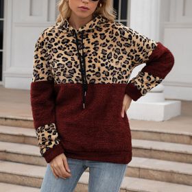 Leopard Zip Up Hoodie Woman Plush Long Sleeve Draw String Women Hooded Sweatshirts 2021 Autumn Winter Fashion Pocket Ladies Tops (Color: HFG4200-Wine red, size: M)