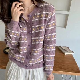 Lazy Style Loose Striped Cardigan For Women Sweaters O-Neck Long Sleeve Hollow Out Sweater Coat 2021 Autumn Sweet Knitwear (Color: Purple, size: S)