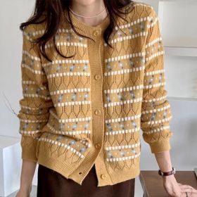 Lazy Style Loose Striped Cardigan For Women Sweaters O-Neck Long Sleeve Hollow Out Sweater Coat 2021 Autumn Sweet Knitwear (Color: khaki, size: S)