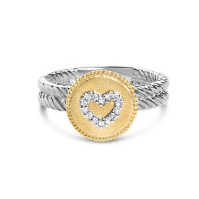 18K Yellow Gold Plated .925 Sterling Silver Diamond Heart Ring with Satin Finish (I-J Color, SI1-SI2 Clarity) (Ring Size: 8)