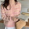 Lazy Style Loose Striped Cardigan For Women Sweaters O-Neck Long Sleeve Hollow Out Sweater Coat 2021 Autumn Sweet Knitwear