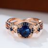 Retro Simple September Birthstone Sapphire Blue Round Zircon Finger Ring Gift For Women Girls 18K Gold Plated Jewelry