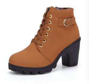 Fashoin Leopard Print Ankle Square Heel Suede Lace-up Zip Boots Women Casual Versatile Shoes Autumn And Winter (Option: Yellow-42)